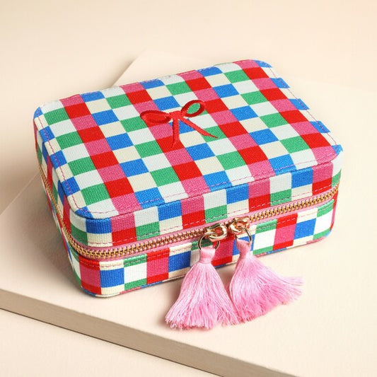 Multicoloured Chequered Rectangular Travel Jewellery Case