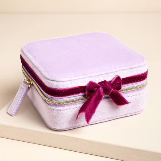 Lilac and Fuchsia Velvet Bow Square Travel 3.00 Jewellery Case